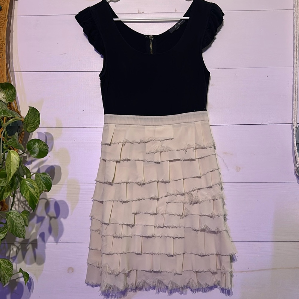 Forever21 Black and Cream Dress with fringe skirt size S